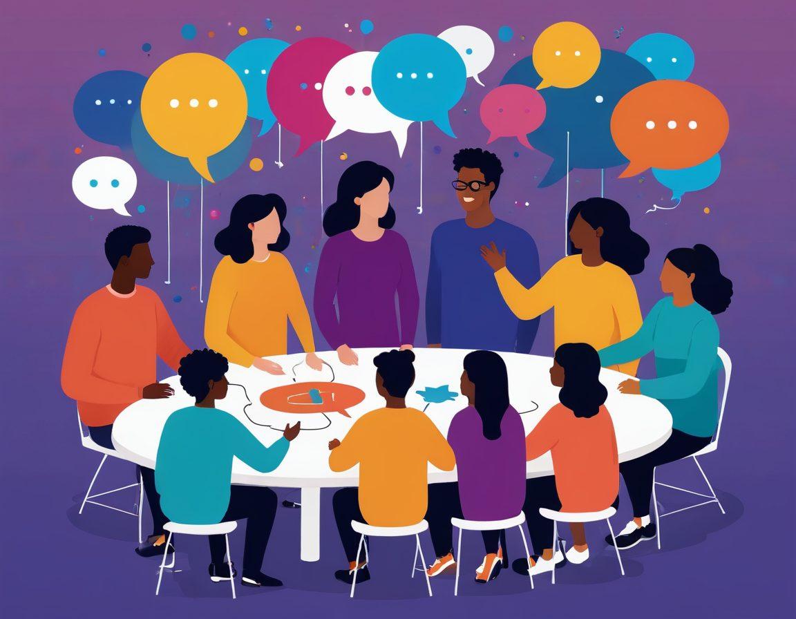 A diverse group of people engaged in animated conversation around a glowing table shaped like a forum thread, with vibrant speech bubbles and icons of happiness and satisfaction floating above. Inclusive atmosphere with emphasis on digital connection. vector art. vibrant colors.