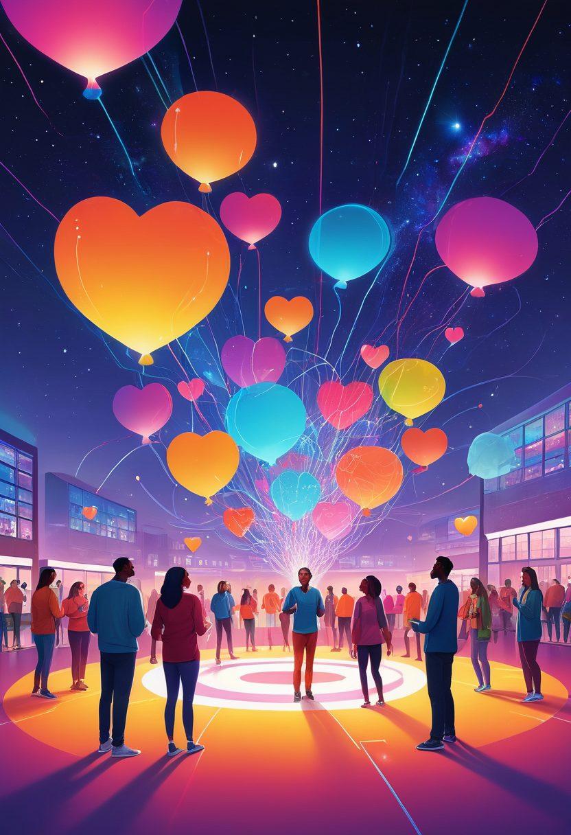 A lively virtual community center with diverse people joyfully engaging in conversation bubbles, sharing ideas over a colorful, digital landscape connected with vibrant network lines and heart symbols. A central figure represents Astatalk, symbolized by a warm, glowing hub that radiates positivity and togetherness. Futuristic and inviting atmosphere. digital illustration. vibrant colors.