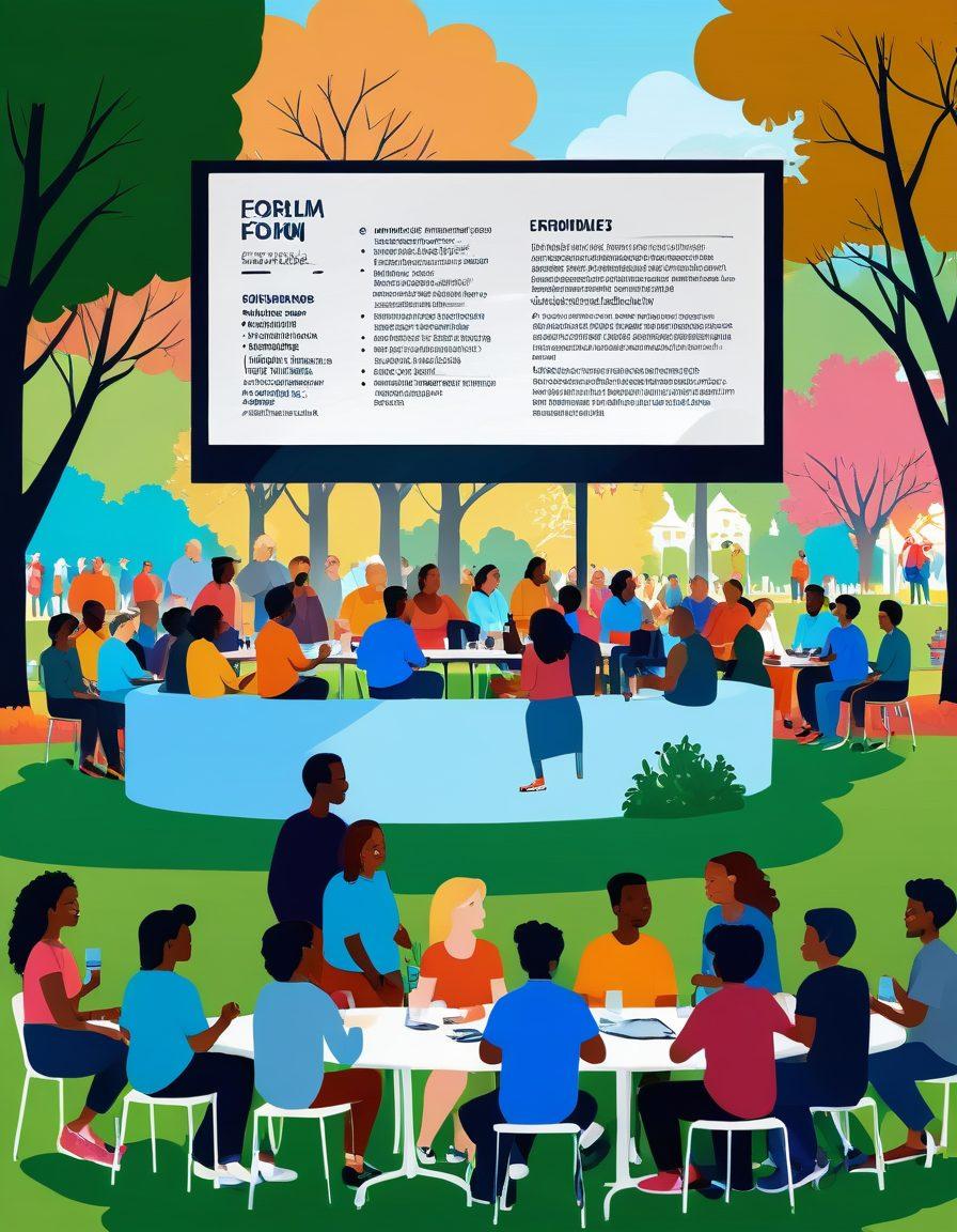 A vibrant community gathering in a joyful park; people of diverse backgrounds smiling, engaging in lively conversations, and sharing ideas on a digital forum displayed on a large screen in the background. Emphasize connection, happiness, and warmth among the participants. vector art. vibrant colors.